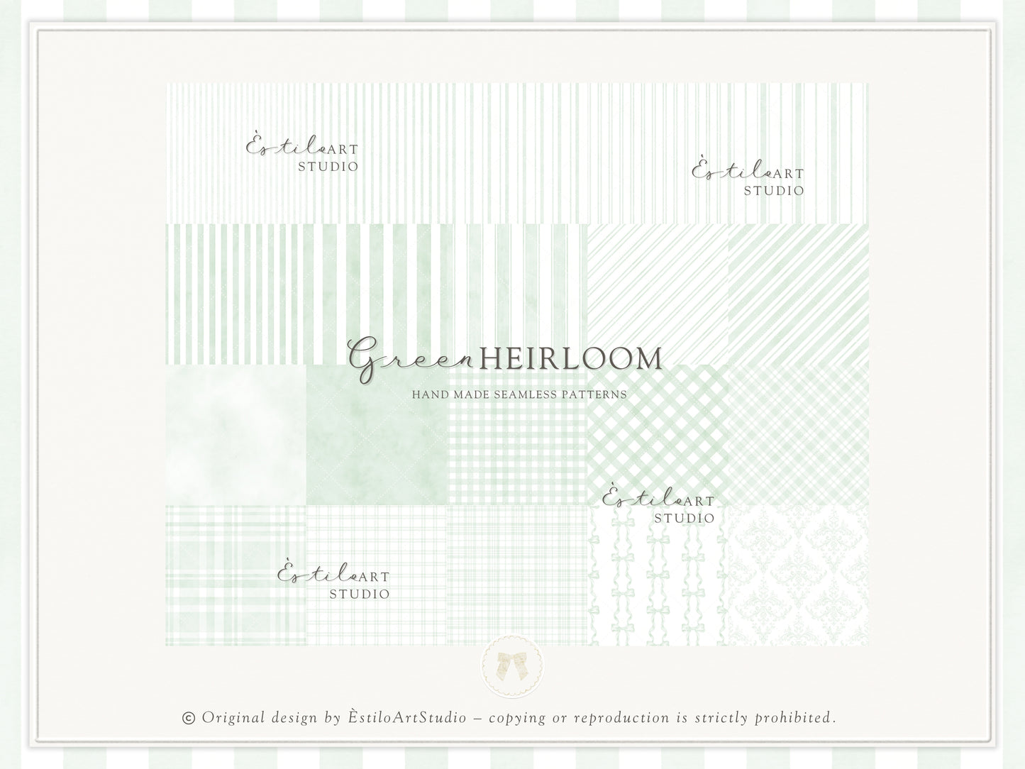 Green Heirloom - Seamless Patterns, Classic Stripe Gingham Damask Bows, Elegant Digital Paper | 20 JPEG
