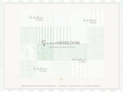 Green Heirloom - Seamless Patterns, Classic Stripe Gingham Damask Bows, Elegant Digital Paper | 20 JPEG
