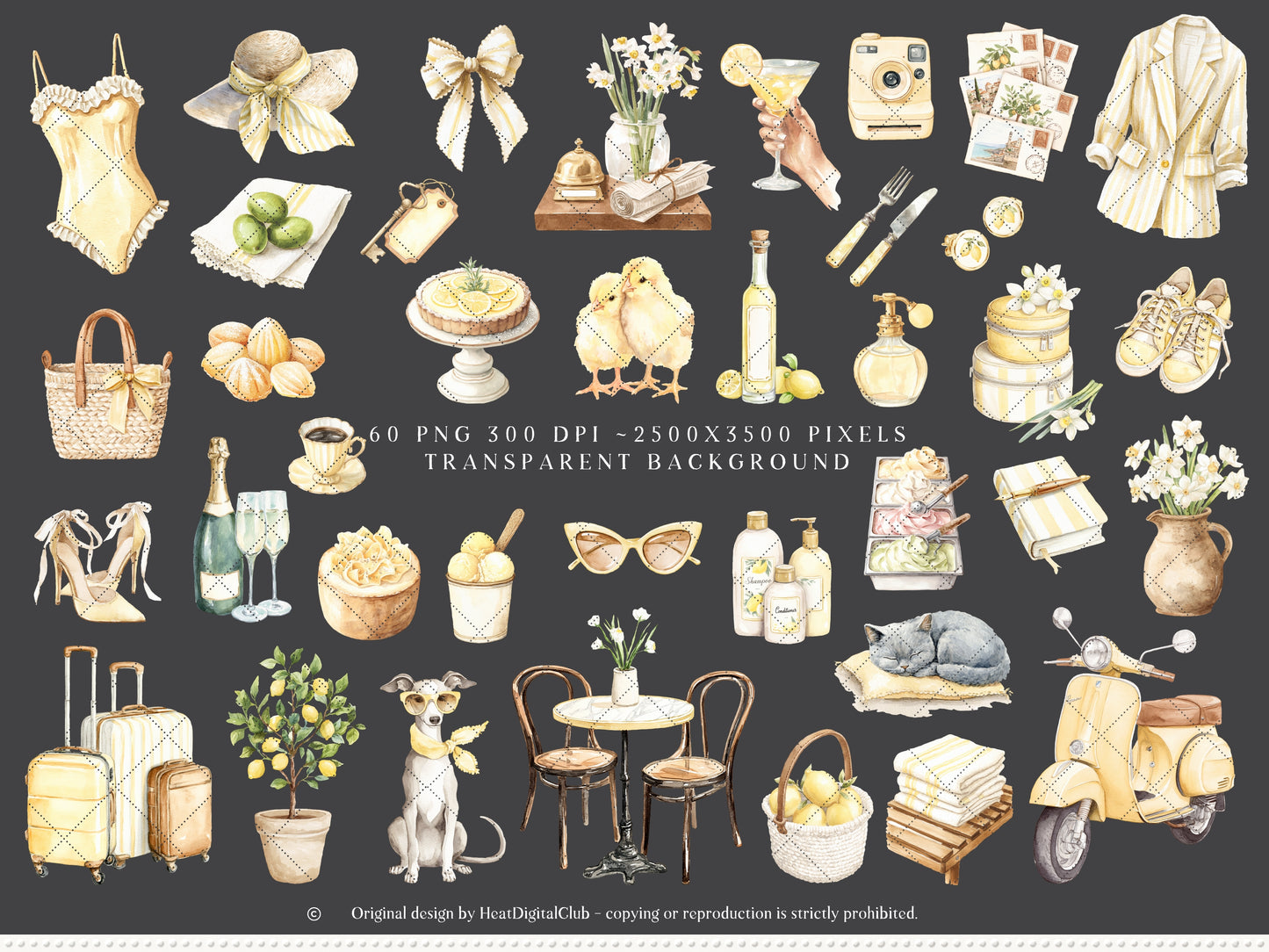 Summer Aperitivo - Italian Lemon Clipart, Limoncello Aesthetic, Citrus, Mediterranean Travel | 60 PNG