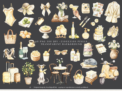 Summer Aperitivo - Italian Lemon Clipart, Limoncello Aesthetic, Citrus, Mediterranean Travel | 60 PNG