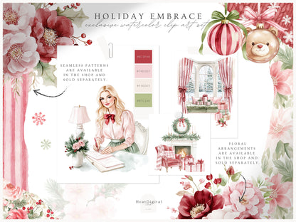 Holiday Embrace -  Watercolor Clipart Set, Elegant Cozy Christmas  | 61 PNG