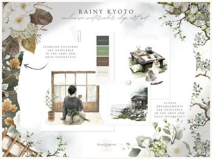 Rainy Kyoto - Japanese Aesthetic Clipart, Cozy Rainy City, Kyoto Travel, Japan | 60 PNG
