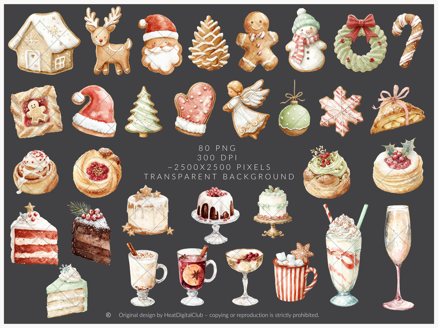 Holiday Treats - Christmas Bakery Clipart, Festive Desserts, Cozy Sweets, Cake,Cookies | 80PNG/10JPEG