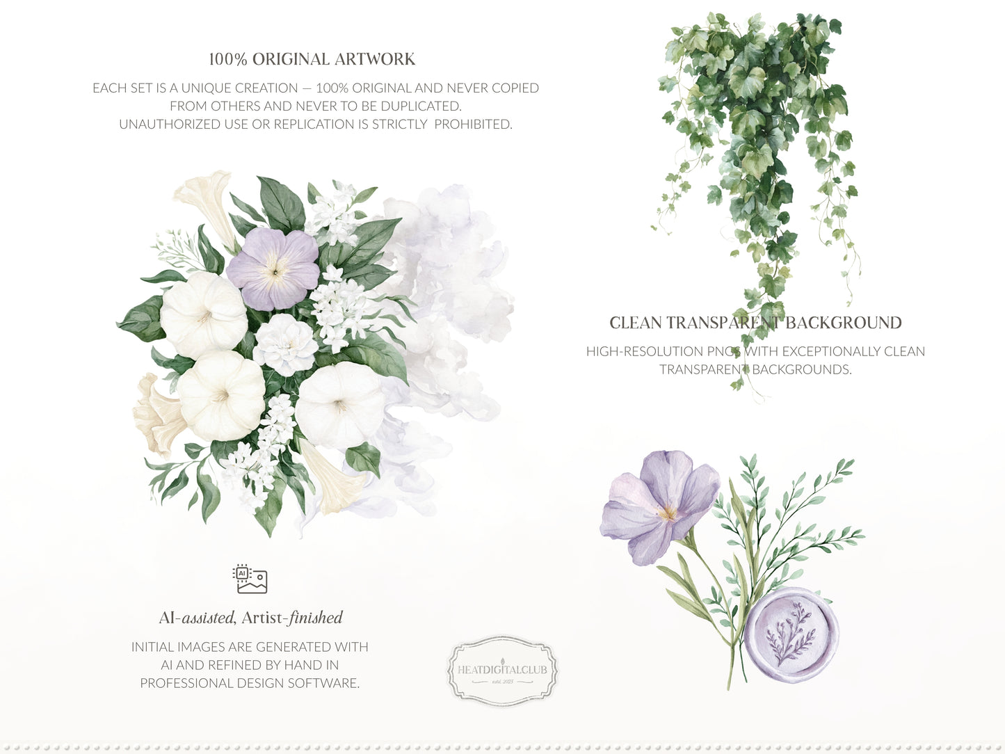 Firefly Garden - Floral Arrangements Clipart, Night Flowers, Lavender Botanical Bouquets, Moonflower | 20 PNG