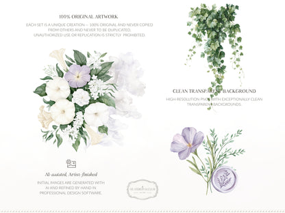 Firefly Garden - Floral Arrangements Clipart, Night Flowers, Lavender Botanical Bouquets, Moonflower | 20 PNG
