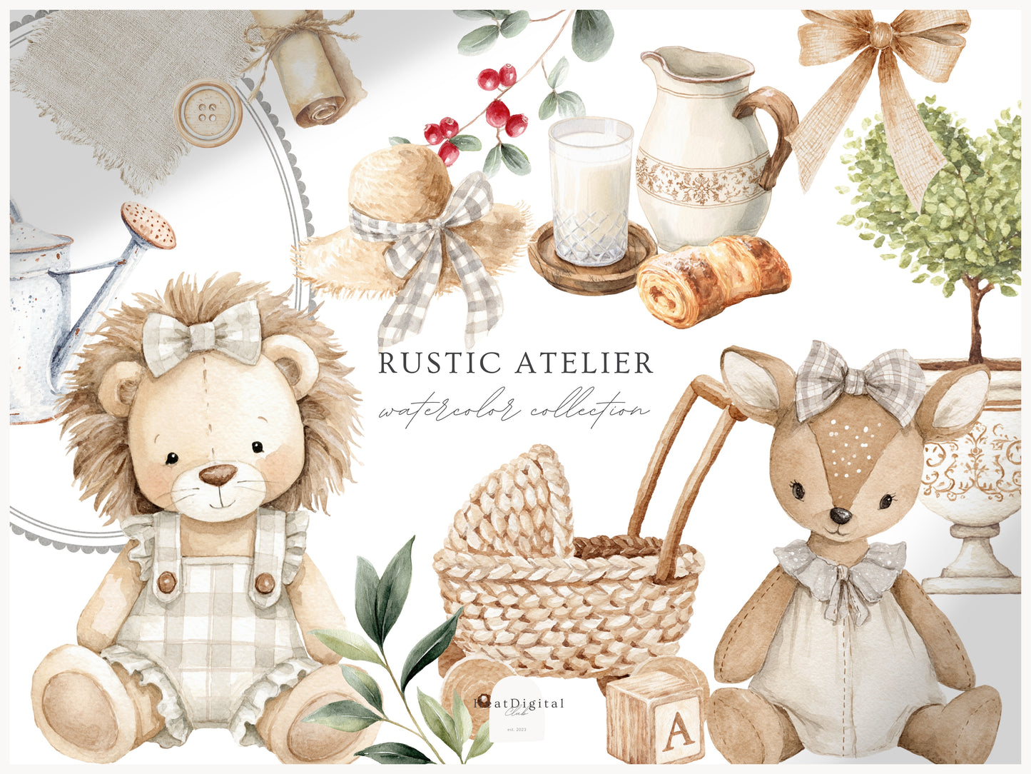 Rustic Atelier - Clipart Set, Cottagecore Plush Toys, French Country Nursery, Neutral Baby | 84 PNG