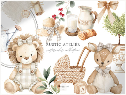 Rustic Atelier - Clipart Set, Cottagecore Plush Toys, French Country Nursery, Neutral Baby | 84 PNG