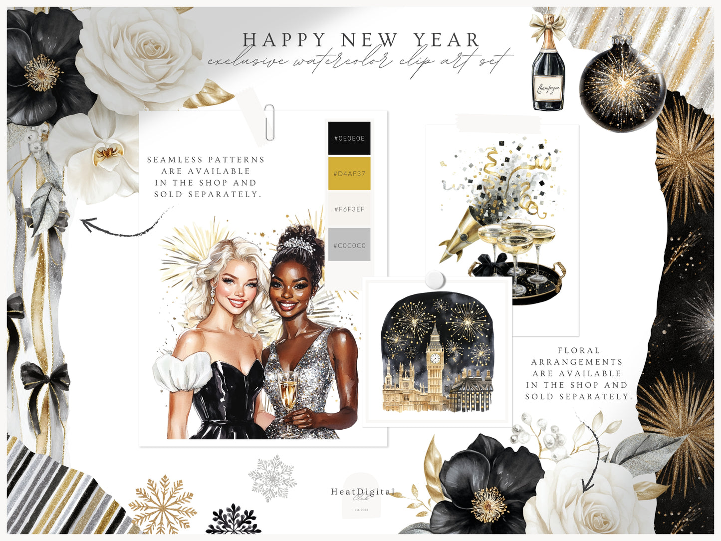 Happy New Year - Clipart, Black Gold Silver Party,  Balloons Champagne, Holiday | 60 PNG