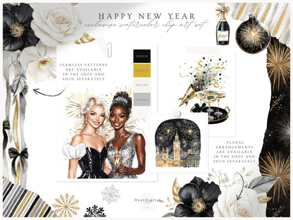 Happy New Year - Clipart, Black Gold Silver Party,  Balloons Champagne, Holiday | 60 PNG