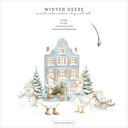 Winter Geese - Clipart, Cute Silly Goose, Cozy Animals, Baby Goose, Baby Shower | 60 PNG