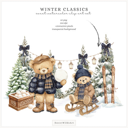 Winter Classics - Teddy Bears Clipart, Tartan Holiday, Cute, Festive Nursery Animals | 60 PNG