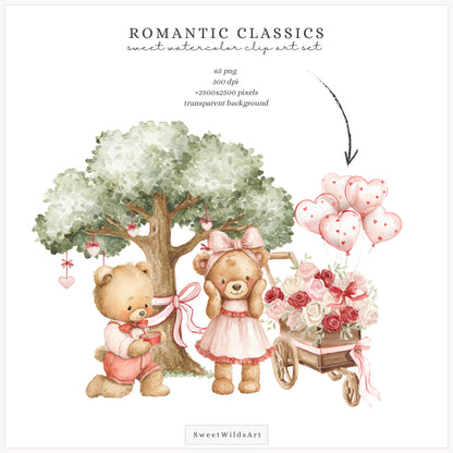 Romantic Classics - Teddy Bears Clipart, Valentine's Day, Love, Baby Shower, Nursery| 65 PNG