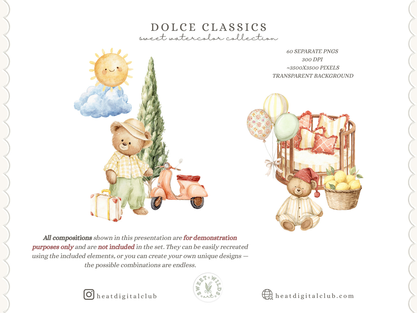 Dolce Classics - Italian Teddy Bear Clipart, Lemon Summer Bears, Cute Nursery, Baby Shower | 60 PNG