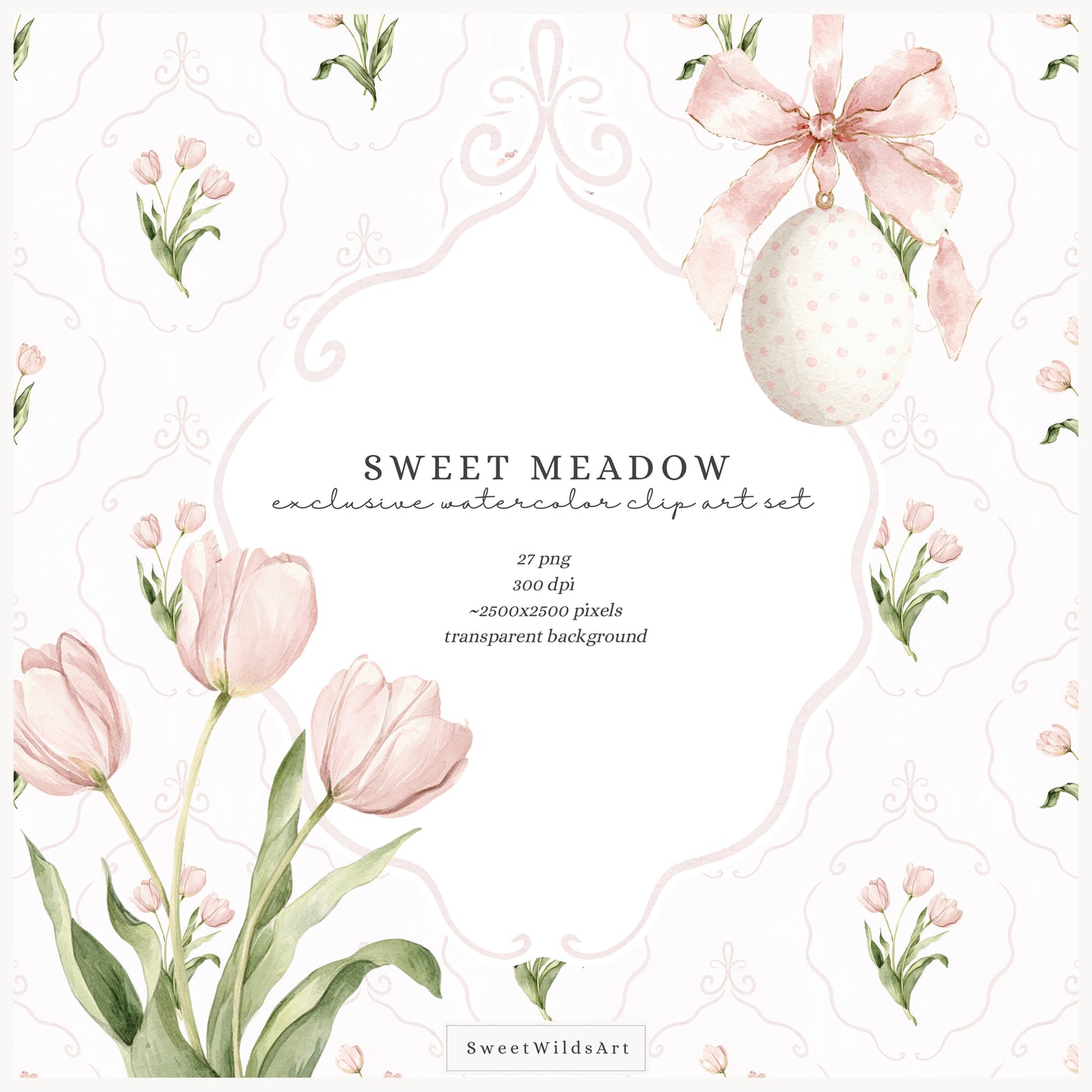 Sweet Meadow - Floral Arrangements Clipart, Spring Tulips, Pink Cottage, Easter Bouquet, Nursery