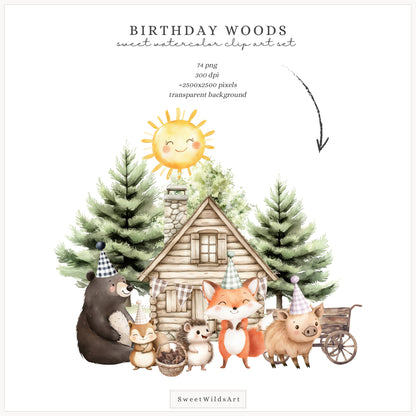 Birthday Woods - Woodland Animals, Cute Forest Party Clipart, Kids Party | 74 PNG