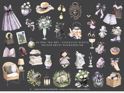 Firefly Garden - Clipart, Night Summer Garden, Moonlight, Cottagecore, Mystical Garden | 60 PNG
