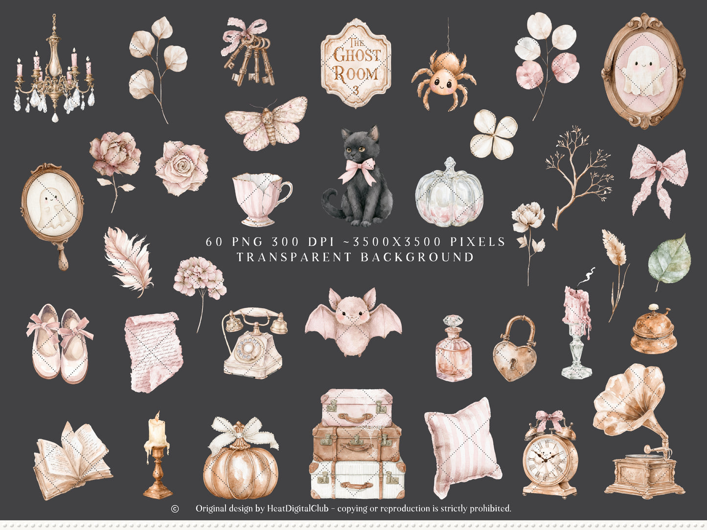 Ghost Room - Watercolor Pink Halloween Clipart and Seamless Patterns Bundle | 68 PNG/JPEG