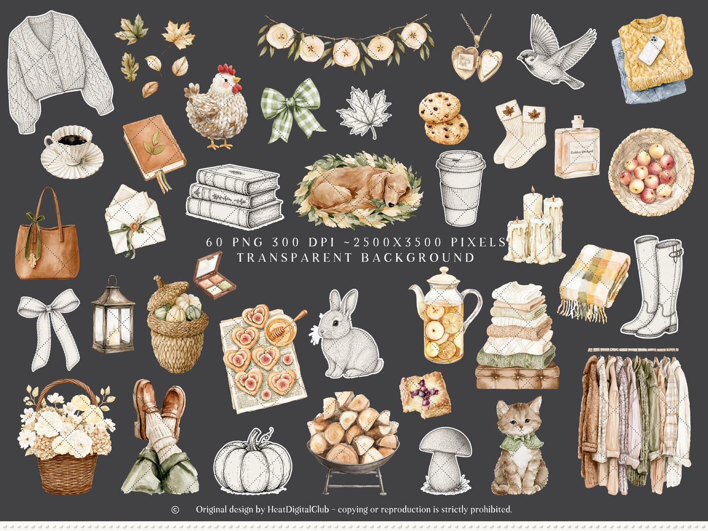 Beloved Fall - Autumn Clipart, Cozy Fall Elements, Pumpkin Clipart, Cottage Fall | 60 PNG