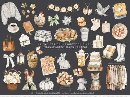 Beloved Fall - Autumn Clipart, Cozy Fall Elements, Pumpkin Clipart, Cottage Fall | 60 PNG