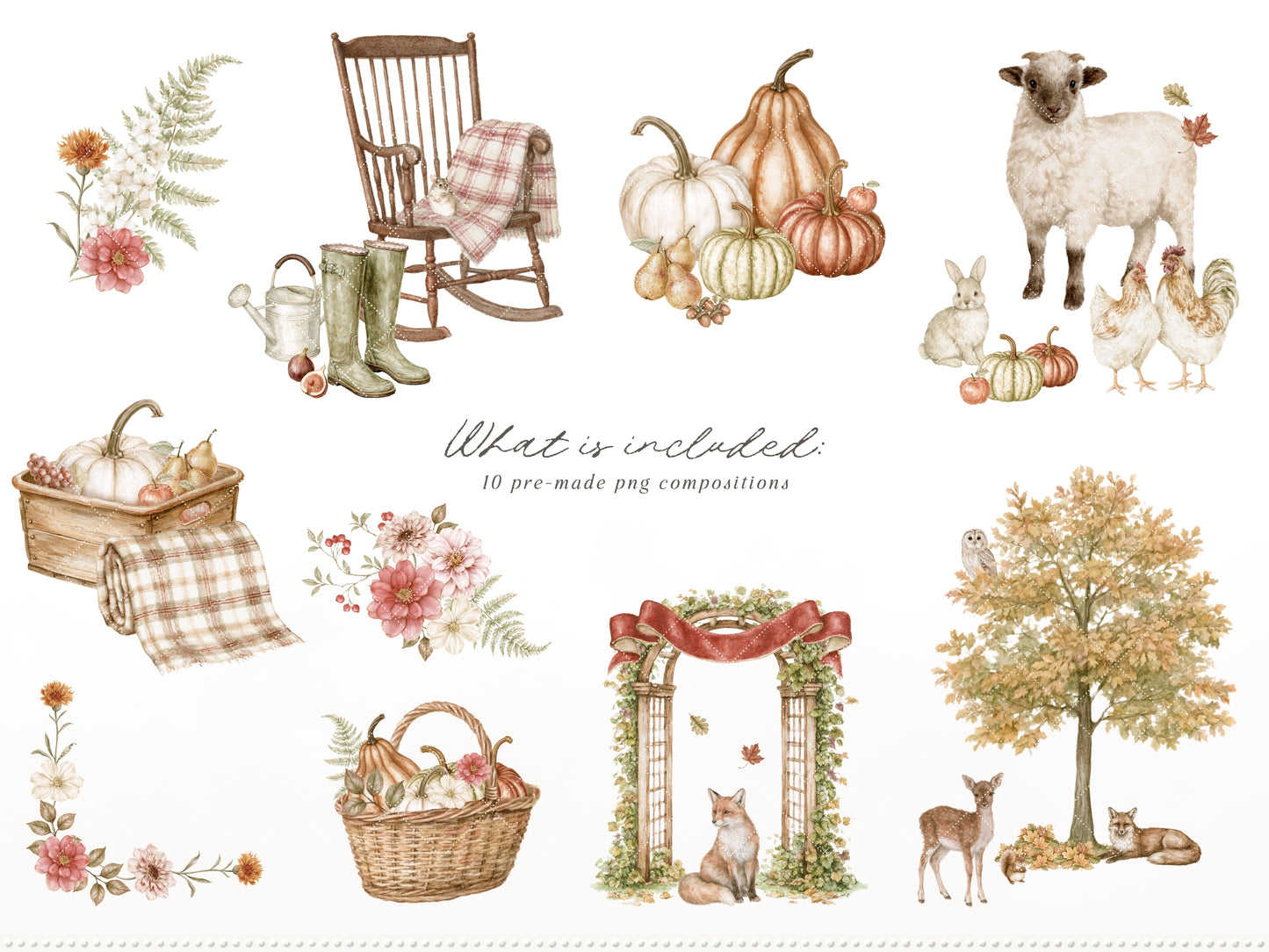 Autumn Menagerie - Watercolor Fall Clipart and Seamless Patterns Bundle, Rustic Garden Graphics | 90 PNG/JPEG