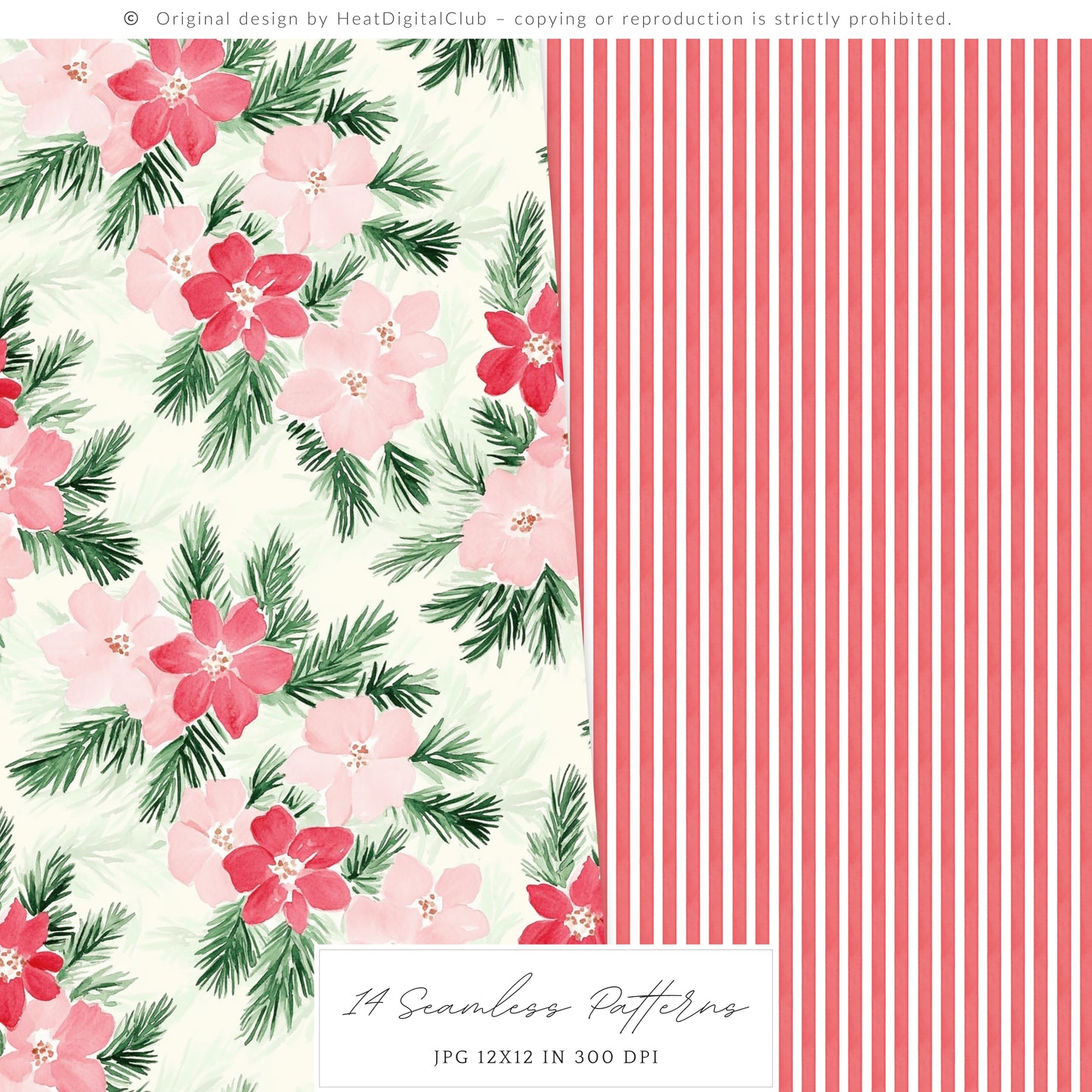 Merry Christmas - Seamless Patterns Set 1, Grandmillennial Holiday, Stripes, Plaid | 14 JPEG