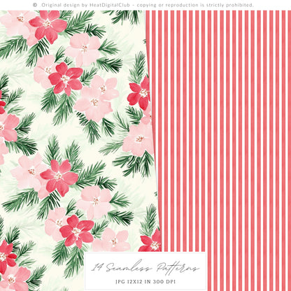 Merry Christmas - Seamless Patterns Set 1, Grandmillennial Holiday, Stripes, Plaid | 14 JPEG