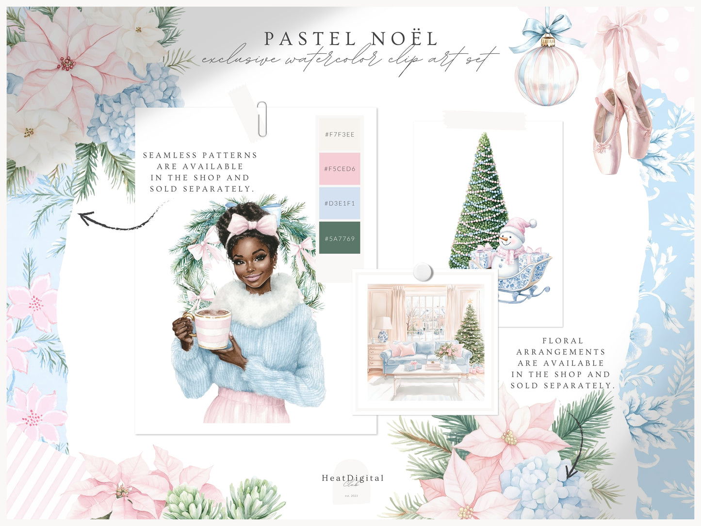 Pastel Noël - Christmas Clipart, Grandmillennial Winter, Pink & Blue Holiday | 60 PNG
