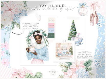 Pastel Noël - Christmas Clipart, Grandmillennial Winter, Pink & Blue Holiday | 60 PNG