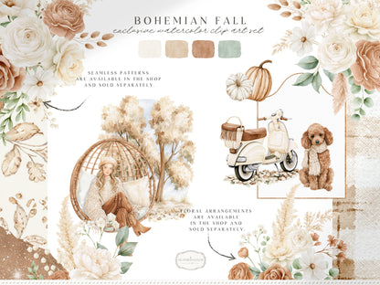 Bohemian Fall - Boho Autumn Clipart, Western Fall Graphics, Pumpkin, Cottage Fall | 60 PNG