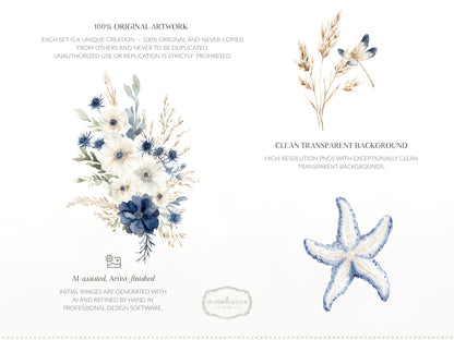 Cold Shore - Coastal Floral Arrangements, Navy Sea Flower, Beach Grass Bouquet, Ocean Botanical | 20 PNG