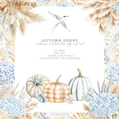 Autumn Shore - Floral Arrangements Clipart, Coastal, Hydrangea, Pumpkins | 25 PNG