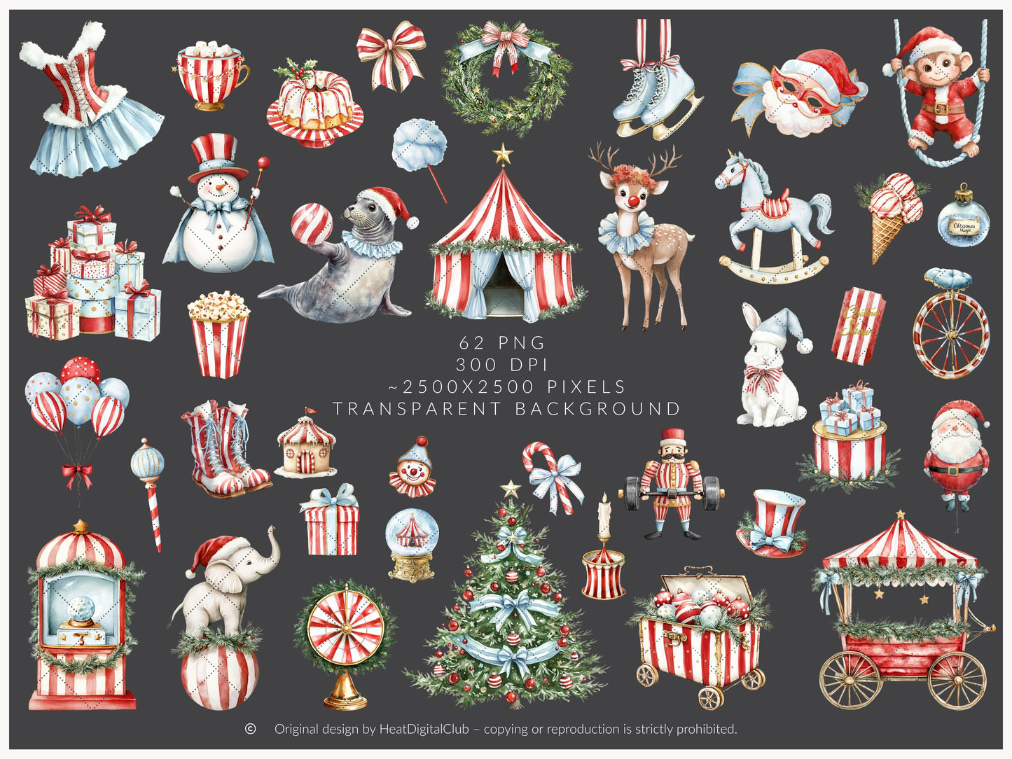 Holiday Circus - Christmas Clipart, Cute Festive Animals, Holiday Carnival  | 62 PNG