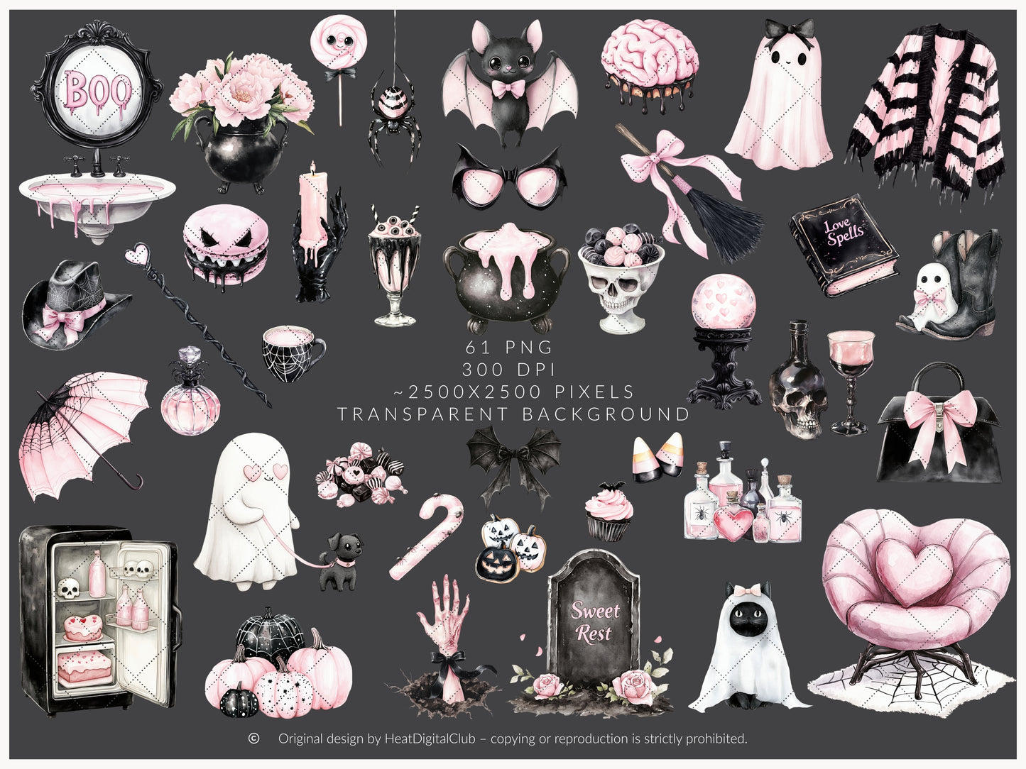 Pretty Haunting - Clipart, Black & Pink Halloween, Cozy Spooky Haunted House| 61 PNG