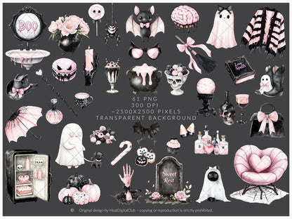 Pretty Haunting - Clipart, Black & Pink Halloween, Cozy Spooky Haunted House| 61 PNG