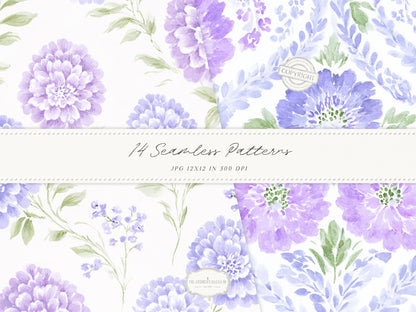 Grandmillennial Set 7 - Seamless Patterns, Lavender Floral, Purple Stripe, Plaid, Elegant Botanical Patterns | 14 JPEG