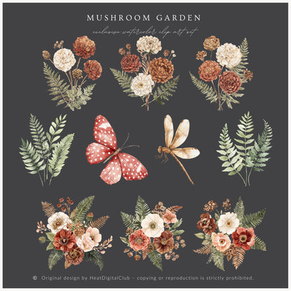 Mushroom Garden - Floral Arrangements, Mushroom Flowers, Forest Botanical Clipart, Cottagecore Florals | 20 PNG