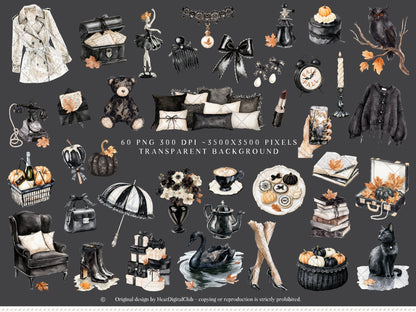 Fall After Dark - Clipart, Dark Coquette Autumn, Black Lace, Moody Rainy Autumn, Feminine Gothic | 40 PNG