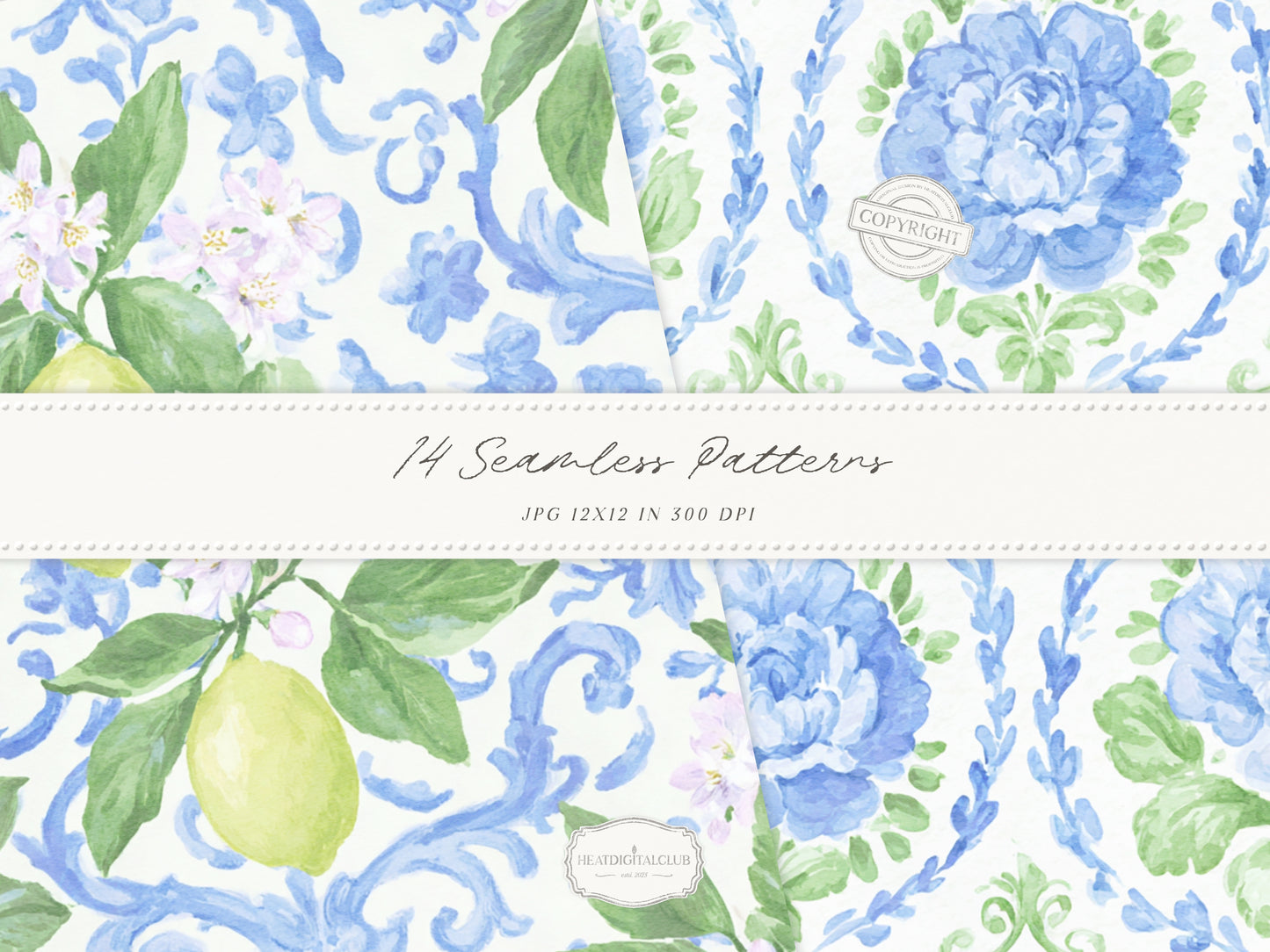 Grandmillennial Set 6 - Seamless Patterns, Italian Lemon Floral, Blue Yellow Tile, Plaid Digital Repeating Pattern | 14 JPEG
