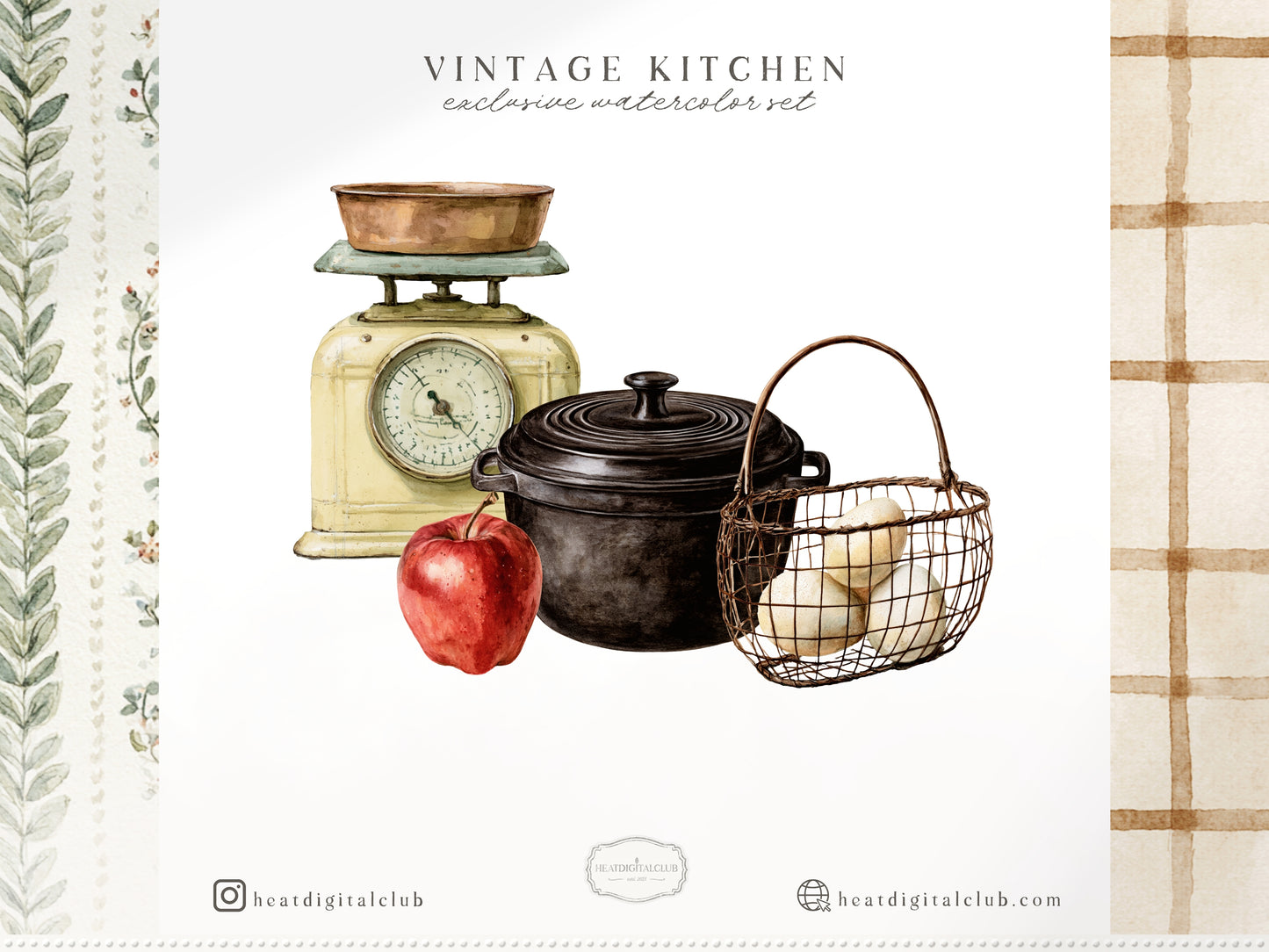 Vintage Kitchen - Clipart, Autumn Kitchen, Heirloom Fall, Cooking, Pear Pumpkin Garlic Herbs | 74 PNG/JPEG