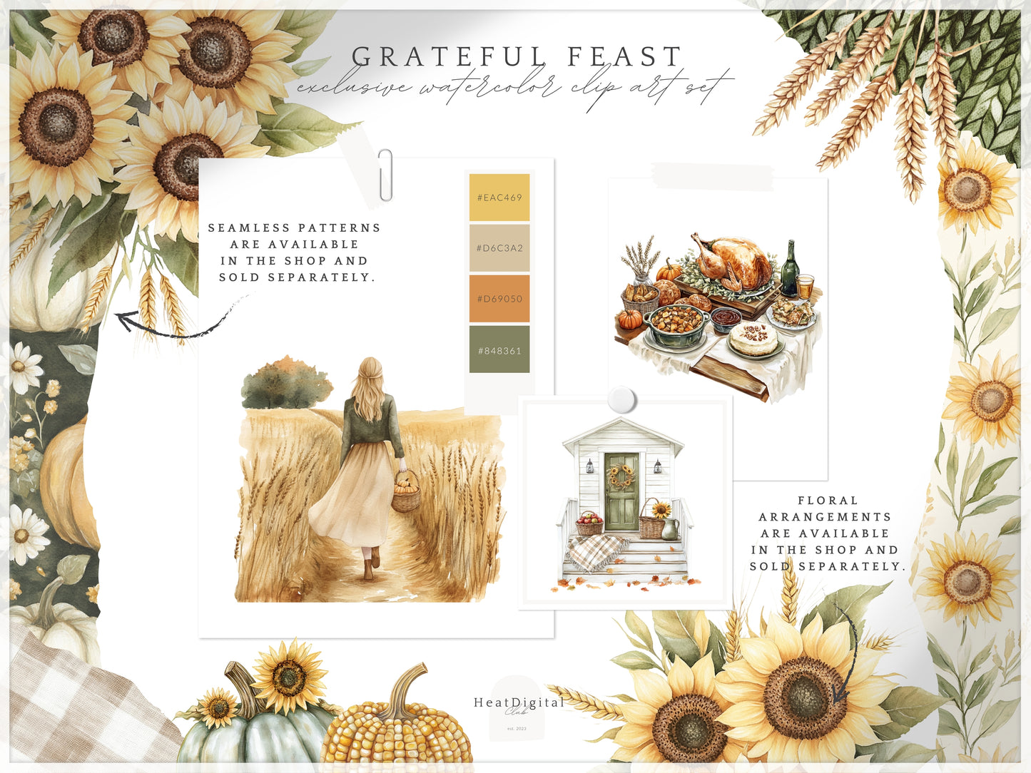 Grateful Feast - Thanksgiving Day Clipart, Autumn Harvest Farm, Fall, Cozy Holiday | 66 PNG