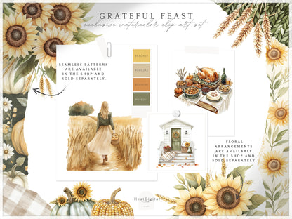 Grateful Feast - Thanksgiving Day Clipart, Autumn Harvest Farm, Fall, Cozy Holiday | 66 PNG