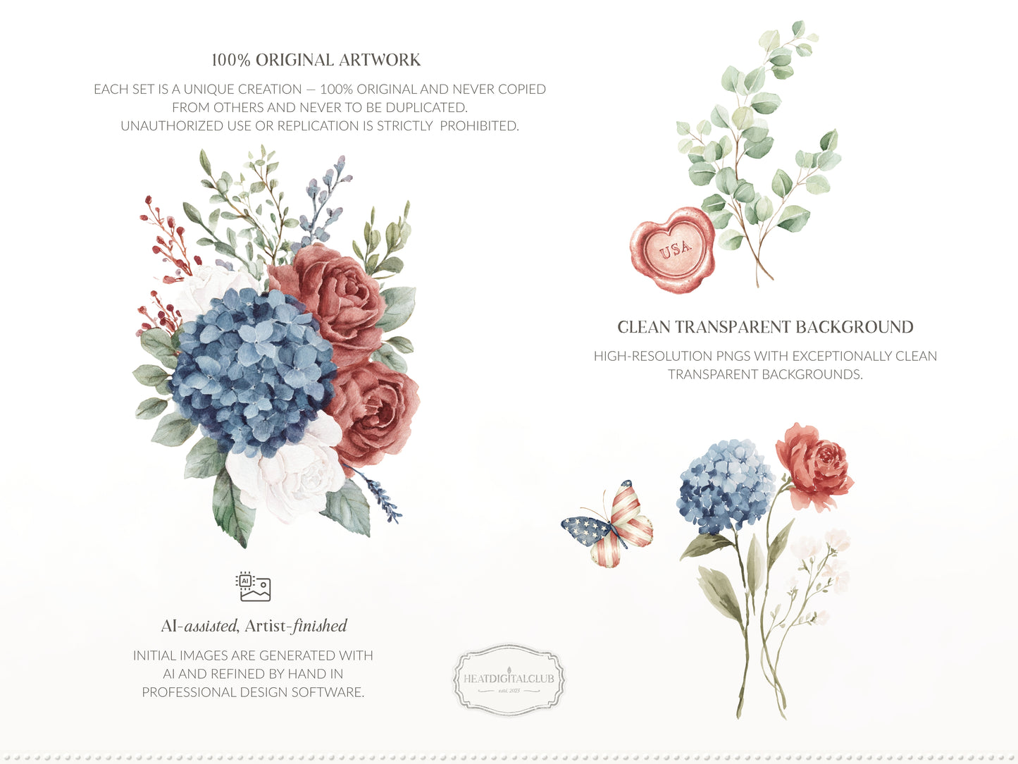 Quiet Americana - Floral Arrangements Clipart, Hydrangea Roses, Patriotic Flowers, Bouquets, 4th of July | 20 PNG