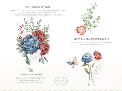 Quiet Americana - Floral Arrangements Clipart, Hydrangea Roses, Patriotic Flowers, Bouquets, 4th of July | 20 PNG