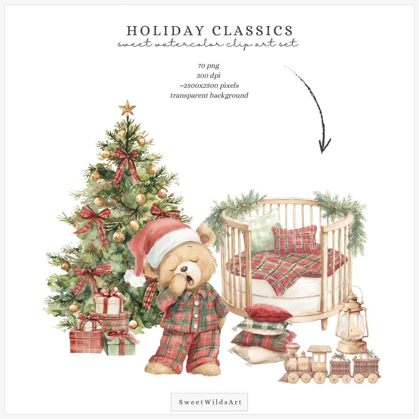 Holiday Classics - Christmas Teddy Bears Clipart, Cute Festive Nursery Animals | 70 PNG
