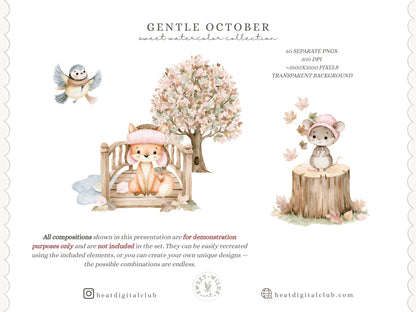 Gentle October - Watercolor Fall Animals Clipart Bundle, Kids Woodland PNG Collection | 60 PNG
