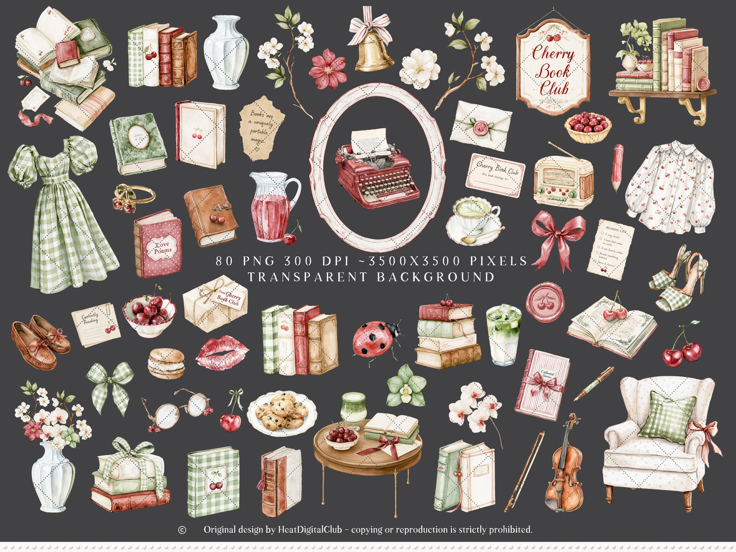 Cherry Book Club - Clipart, Bookish , Reading Girl, Matcha Latte, Cherries, Vintage Books, Seamless Patterns | 90 PNG/JPEG
