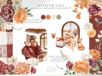 Knitted Fall - Clipart, Cozy Autumn Clipart, Pumpkin Aesthetic, Fall Cottagecore | 60 PNG
