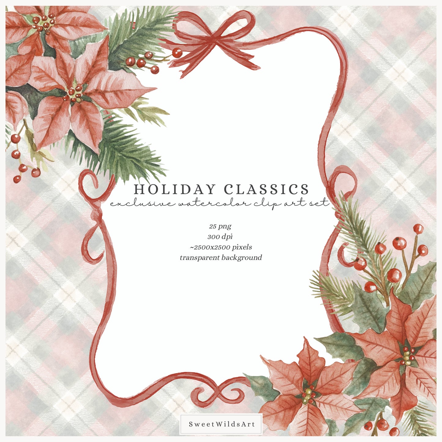 Holiday Classics - Floral Arrangements Clipart, Poinsettia, Evergreen, Christmas | 25 PNG