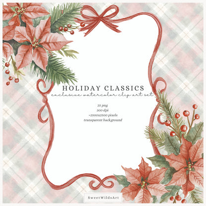 Holiday Classics - Floral Arrangements Clipart, Poinsettia, Evergreen, Christmas | 25 PNG