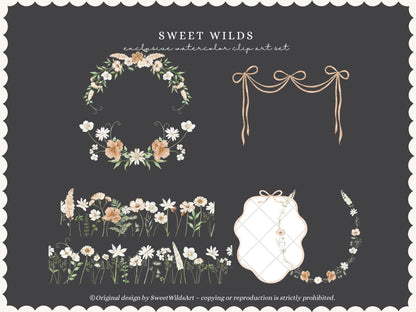 Sweet Wilds - Flowers Clipart, Meadow Flowers, Neutral Floral, Beige Ivory Flowers, Wildflower Baby Shower | 68 PNG/JPEG